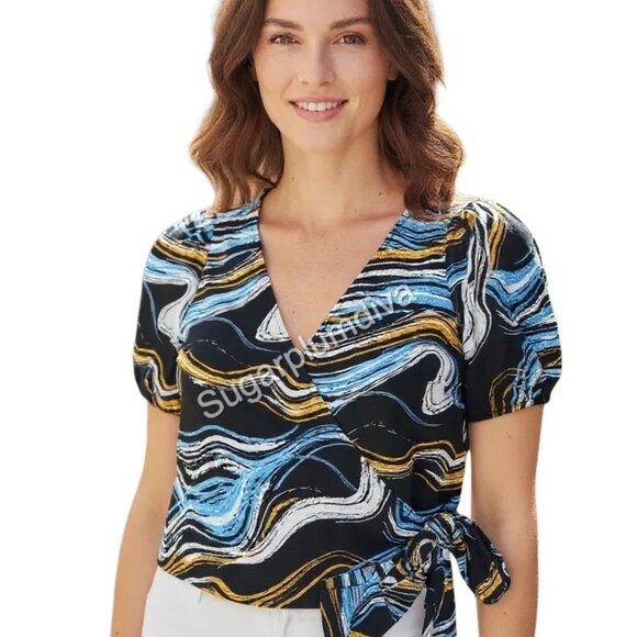 Nine West Wrap Silky Cropped Shirt Blouse SMALL Romantic Colorful Chic NWT - Picture 2 of 8